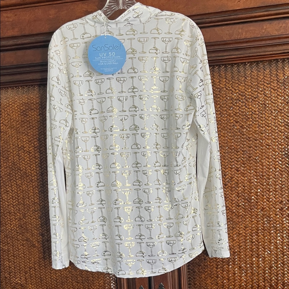 SunSoleil White Long Sleeve Quarter-Zip Top with Metallic Gold Print - Picture 3 of 5